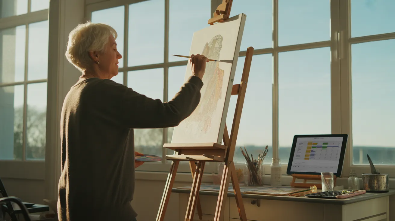 A senior artist paints at an easel in a sun-drenched room. A tablet with a blurred screen sits on a desk in the background.