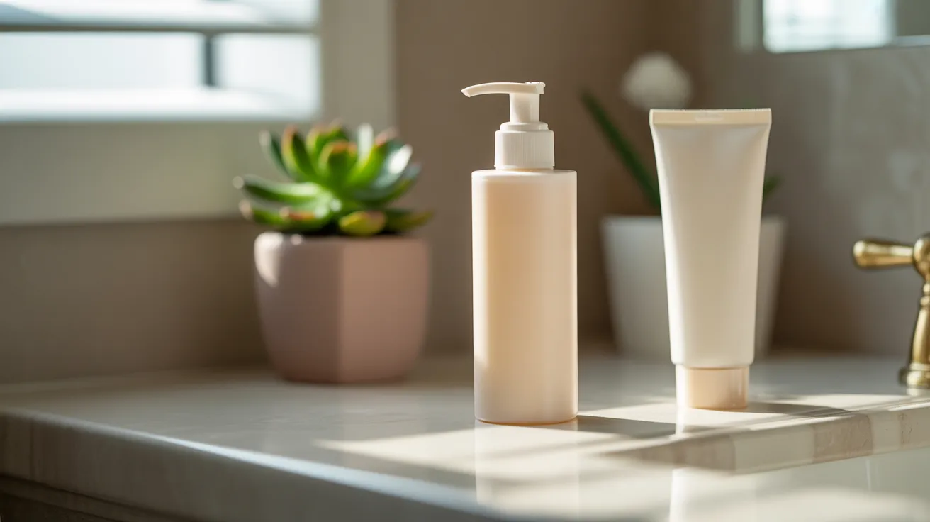An unlabeled pump bottle of lotion and a tube of hand cream sit on a clean bathroom counter in soft morning light.