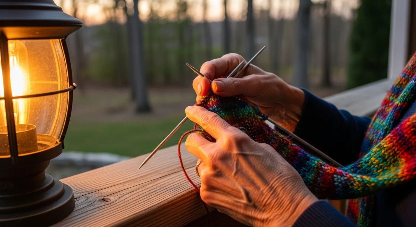 Close-up of a senior's hands using knitting needles and soft yarn to create a scarf, lit by a warm porch lamp at dusk.