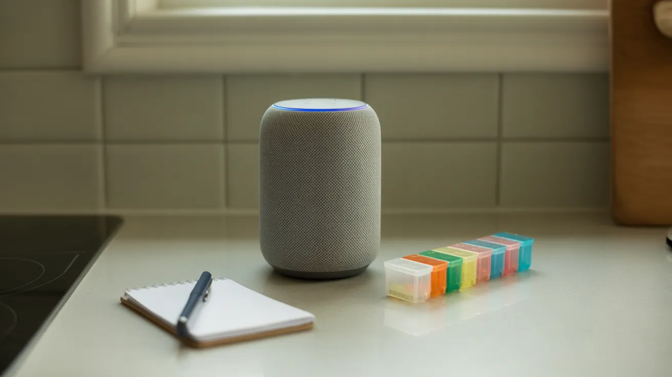A grey smart speaker sits on a kitchen counter next to a colorful pill organizer, lit by soft, overcast daylight.