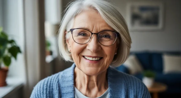 A close-up of a smiling senior woman's face, looking healthy and happy in natural, soft lighting by a window in her home.
