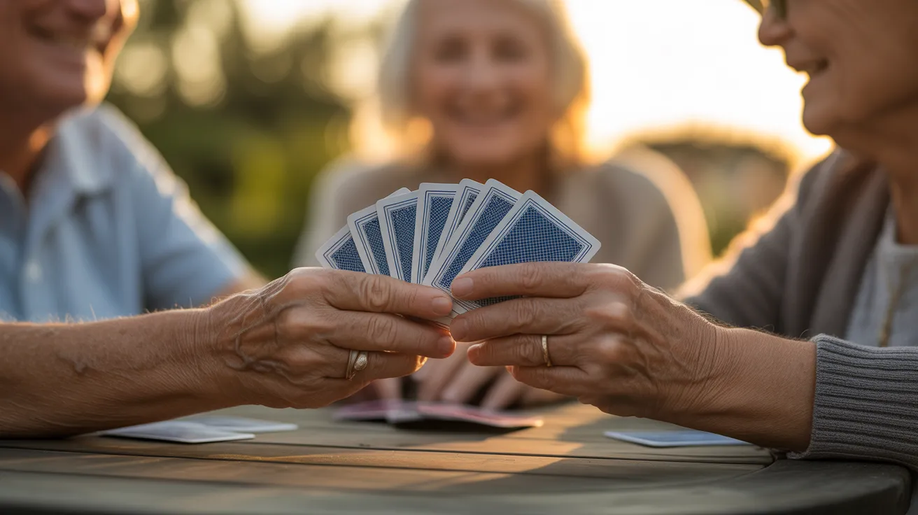 A close-up of the hands of two older people holding playing cards at a patio table during a warm sunset, conveying a friendly game.