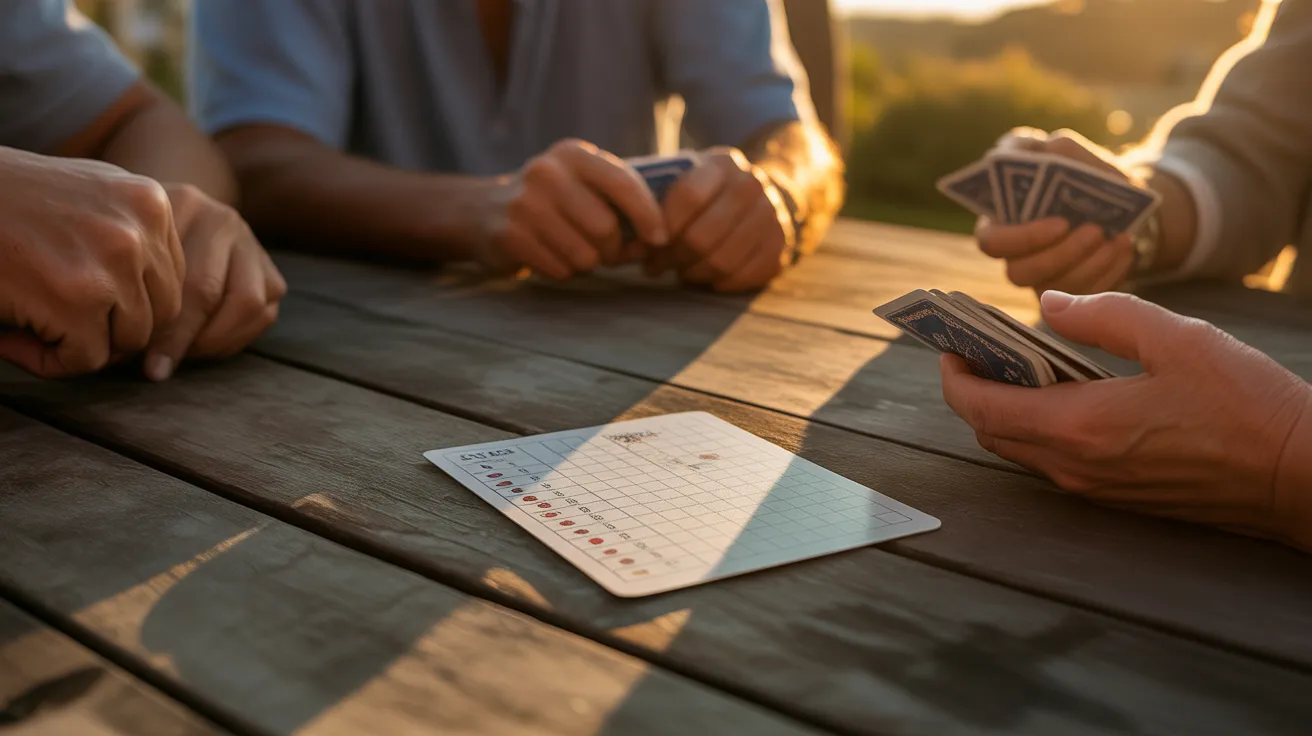 A close-up of a card game in progress on a patio table, with the hands of older friends visible in warm sunset light.