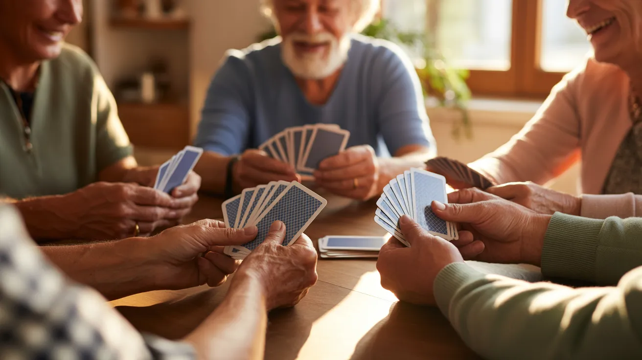 A close-up of a card game in progress, with the hands of several seniors holding cards, illuminated by warm evening sunlight.
