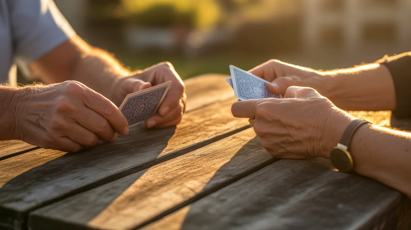 A close-up of older friends' hands holding playing cards over an outdoor table during a warm sunset.