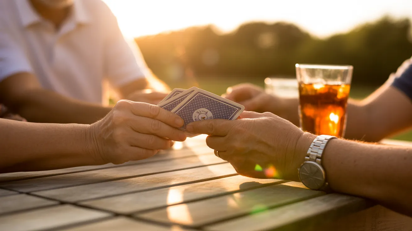 Close-up on the hands of two seniors holding playing cards during a friendly game on a patio at sunset.