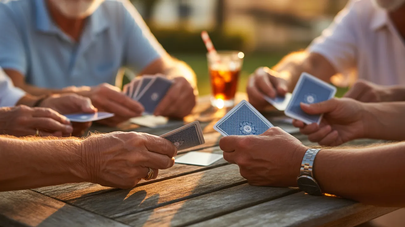 Close-up of several older adults' hands holding playing cards during a game on an outdoor table at sunset.