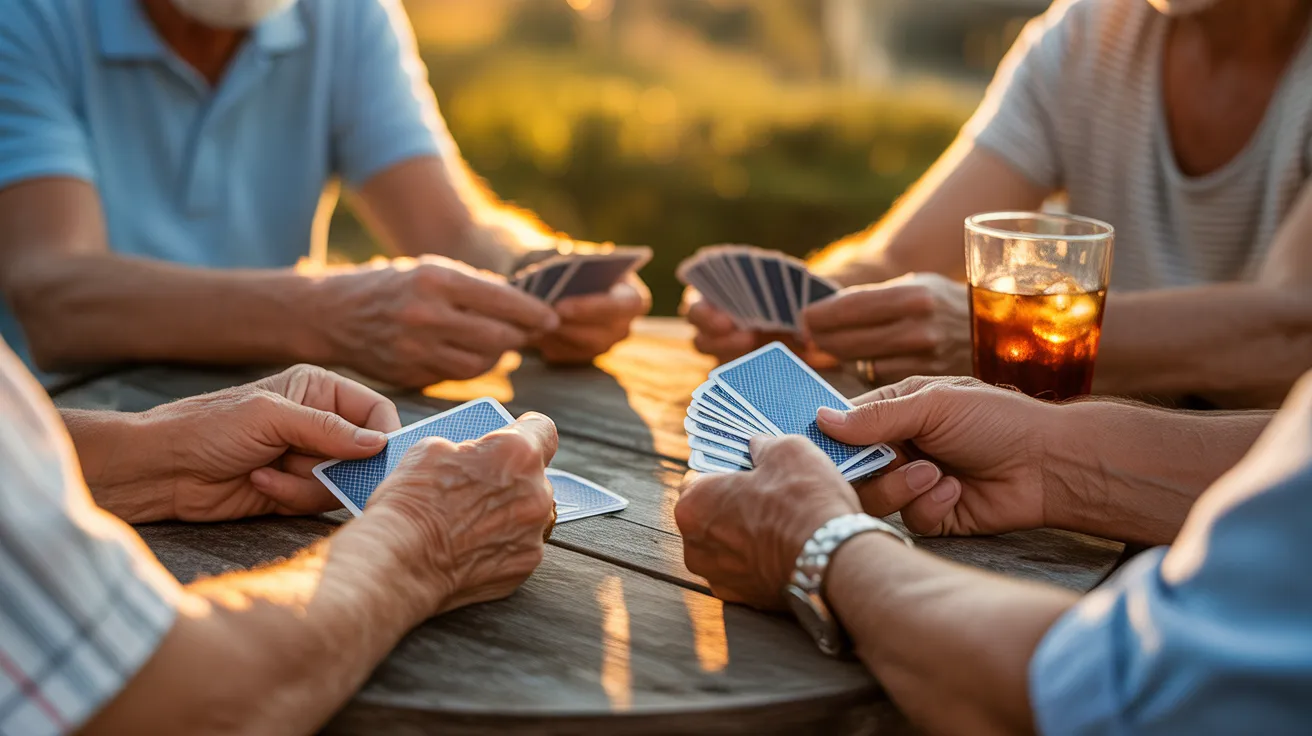 A close-up of older hands holding playing cards over a wooden table during a warm, sunlit evening game.