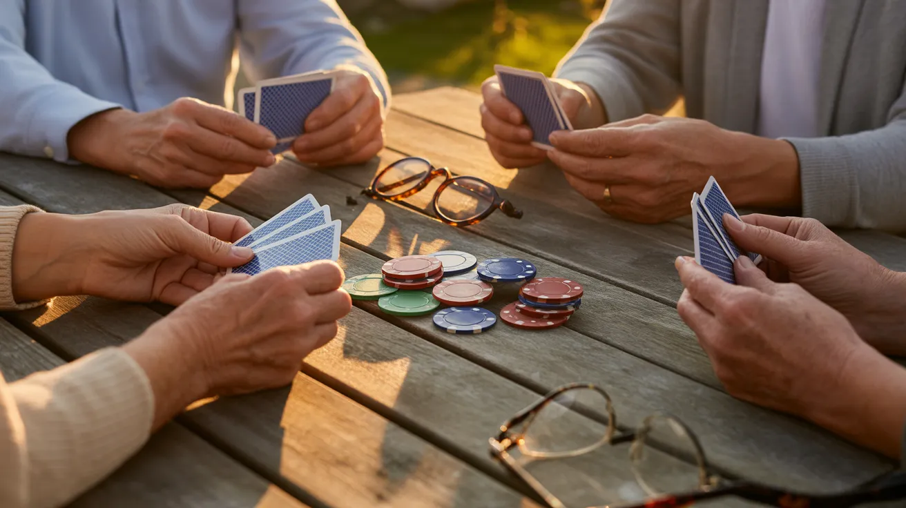 A close-up of a card game on a patio table at sunset, showing the hands of older players, cards, and a pile of betting chips.