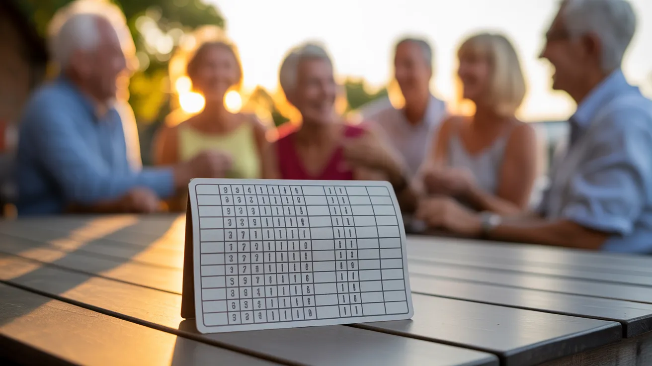 A close-up of a game scorecard on a patio table, with a group of friends enjoying a game in the blurry background during sunset.