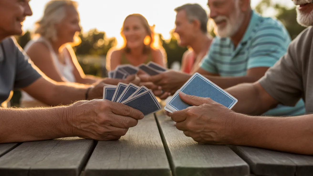 A close-up on the hands of several older friends holding playing cards at an outdoor table, illuminated by warm sunset light.