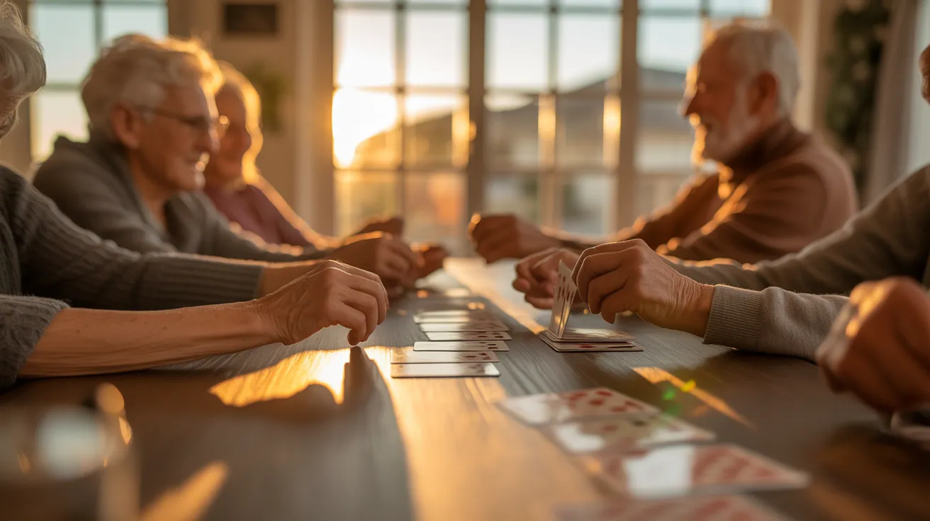 A close-up of a card game on a wooden table, bathed in warm sunset light. The hands of older adults are visible, with friends out of focus behind.