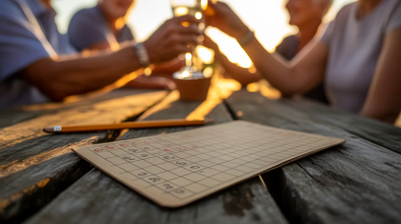 A close-up of a game scorecard on a picnic table at sunset, with the blurred forms of friends celebrating in the background.