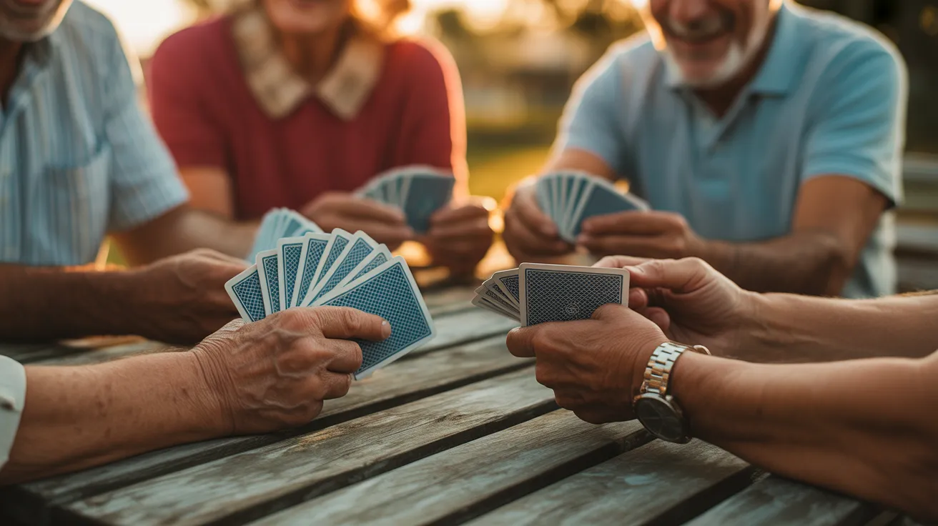 Close-up on the hands of seniors holding playing cards on a patio table during a sunny evening.