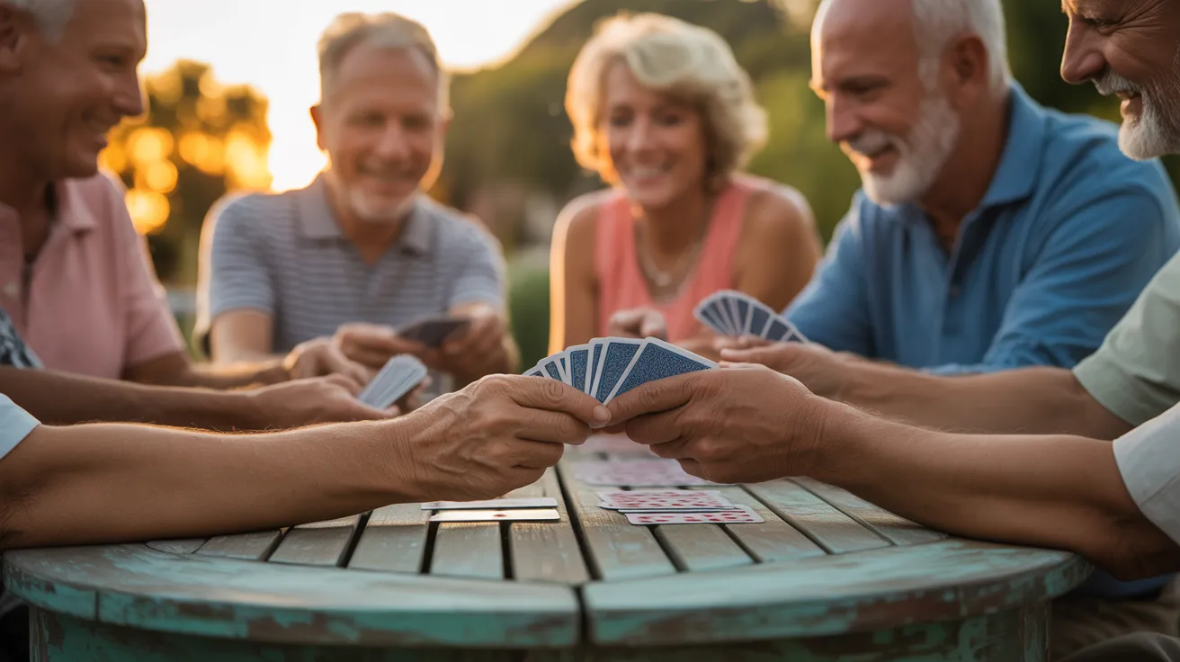 A close-up shot of several seniors' hands holding playing cards around an outdoor table during a beautiful sunset.