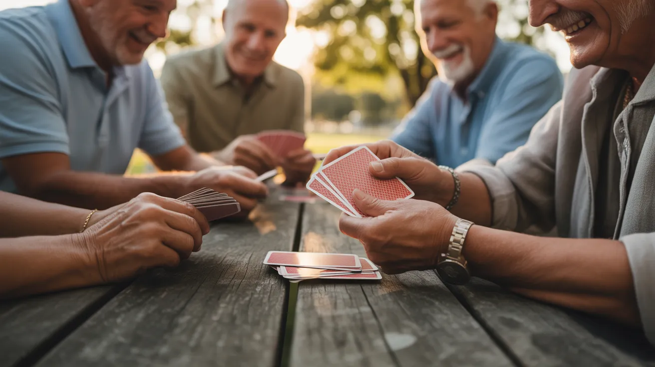 A close-up of several older hands holding and playing cards on a wooden table outdoors at sunset, showing a moment of shared fun and friendship.
