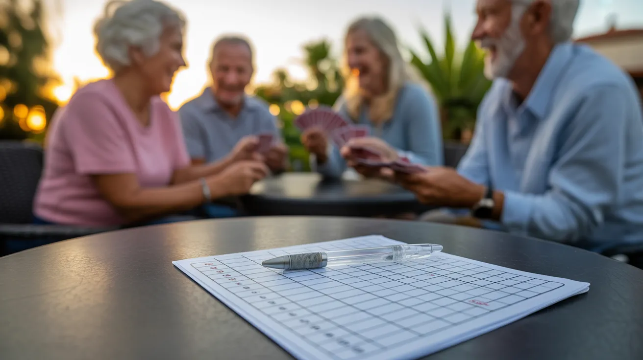A close-up of a game scorecard on a patio table, with a group of happy seniors playing cards in the background during a warm sunset.