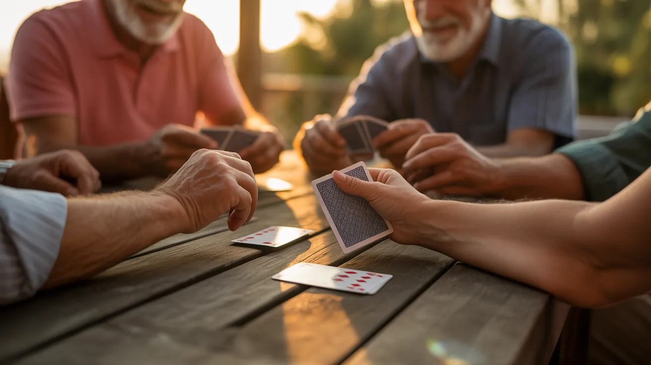 A close-up of several seniors' hands holding and playing cards on an outdoor table during a warm sunset.
