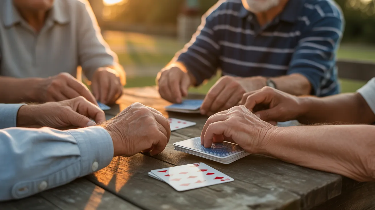 A close-up of several older adults' hands holding and playing cards on an outdoor table during a warm, golden sunset.