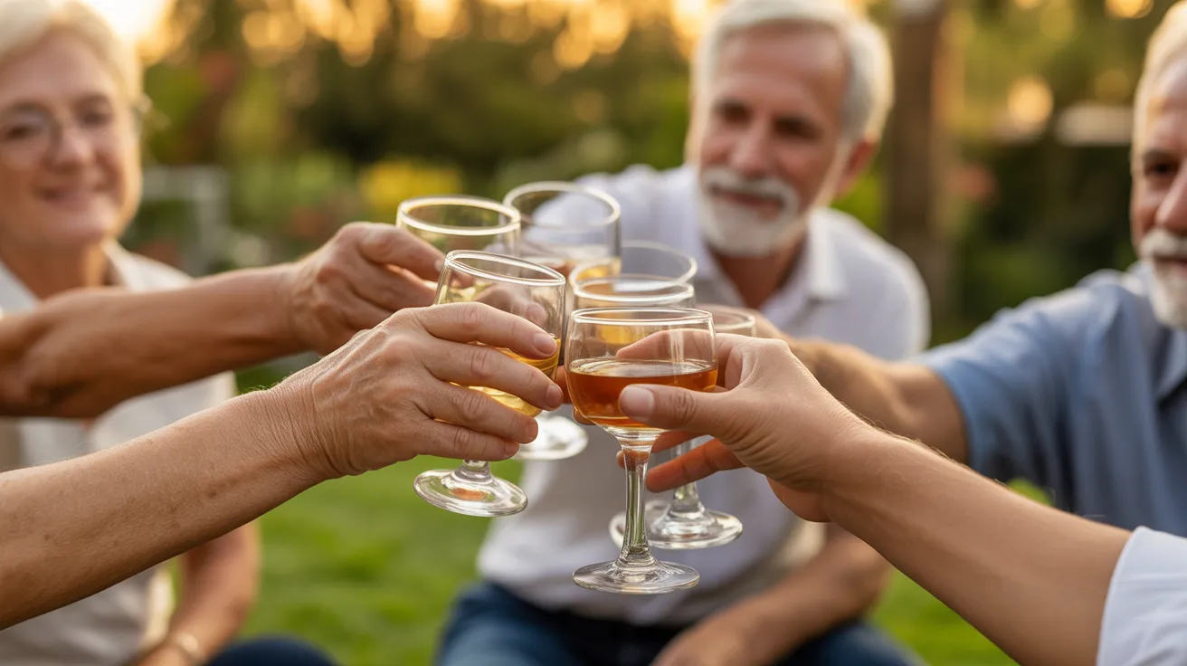 A close-up of the hands of several seniors clinking glasses in a toast on a patio at sunset.