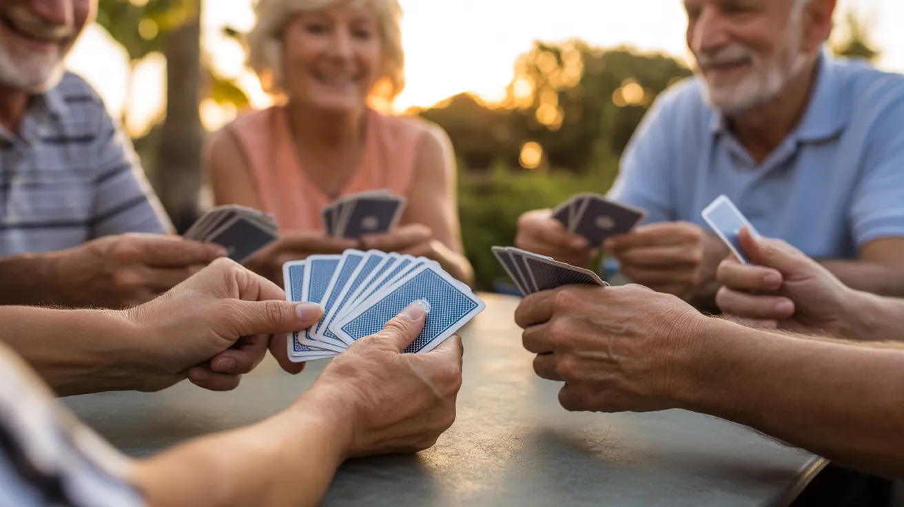 A close-up of several seniors' hands holding playing cards during a game on a patio at sunset.