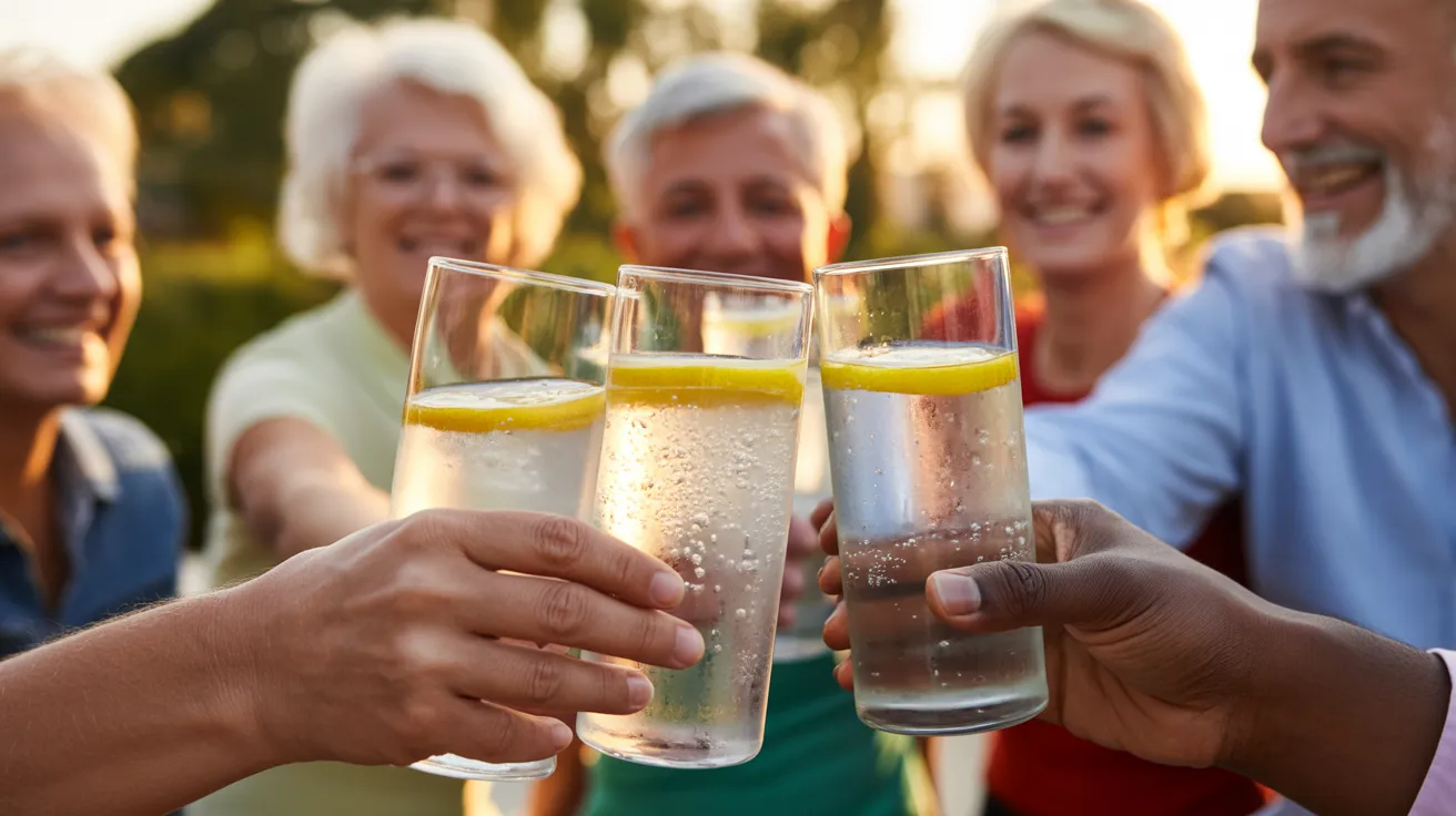 A close-up of several glasses clinking in a toast against a golden hour sky, with the blurred figures of older friends behind them.