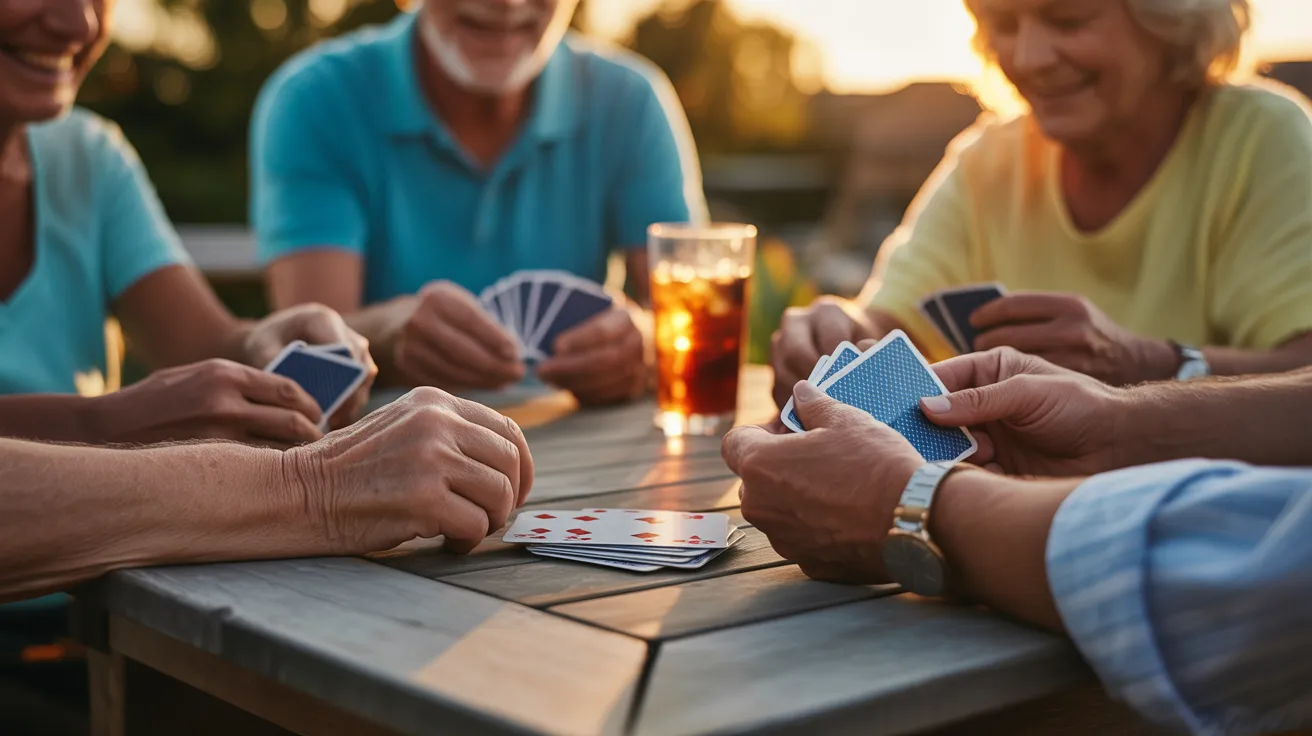 A close-up of several seniors' hands holding playing cards around a sunlit table in the late afternoon.