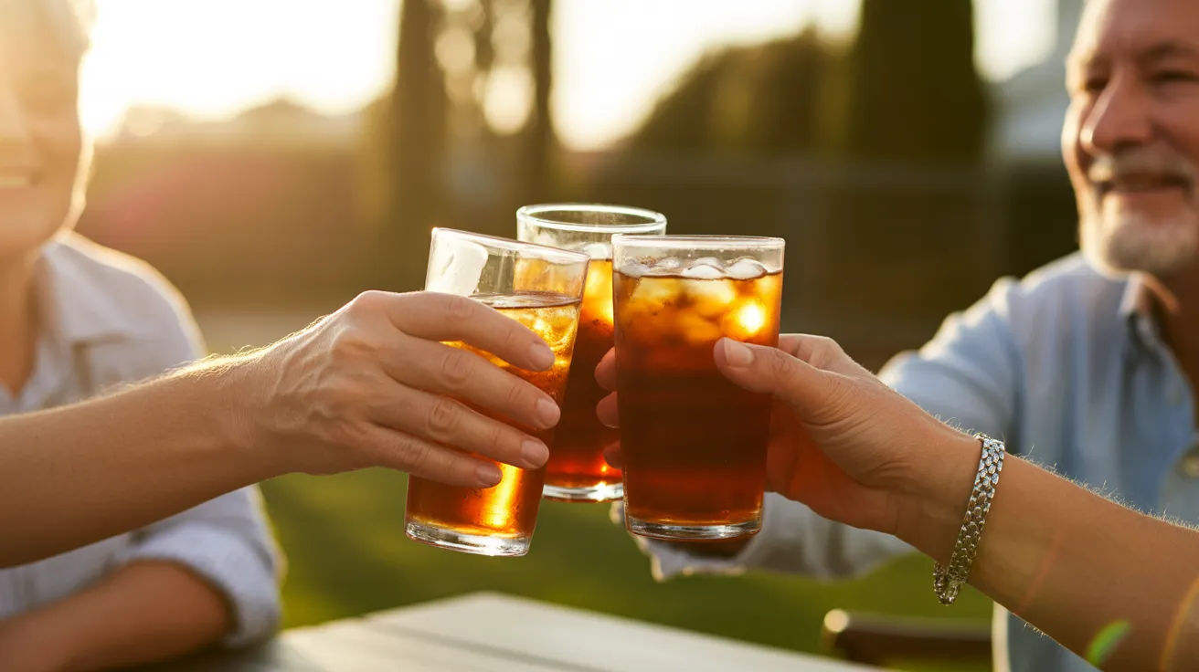 Close-up of three friends' hands toasting with glasses of iced tea on a patio, backlit by a warm golden sunset.