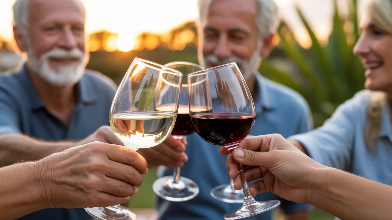 Close-up of several wine glasses being clinked together in a toast by a group of seniors outdoors at sunset.