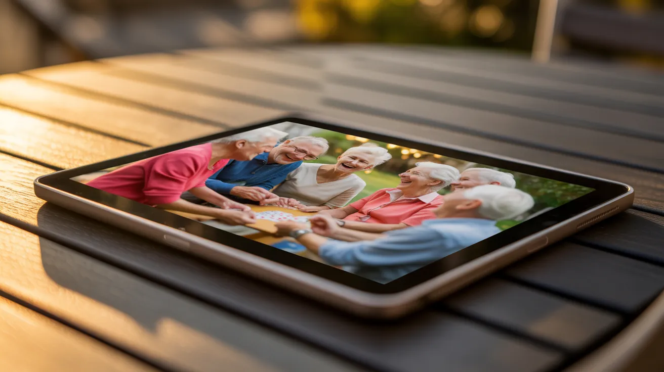A tablet on a patio table at sunset, its screen showing a happy photo of older friends playing cards together.