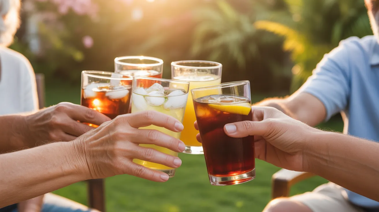 A close-up of older friends' hands toasting with glasses of iced tea and lemonade on a patio during a warm, golden sunset.