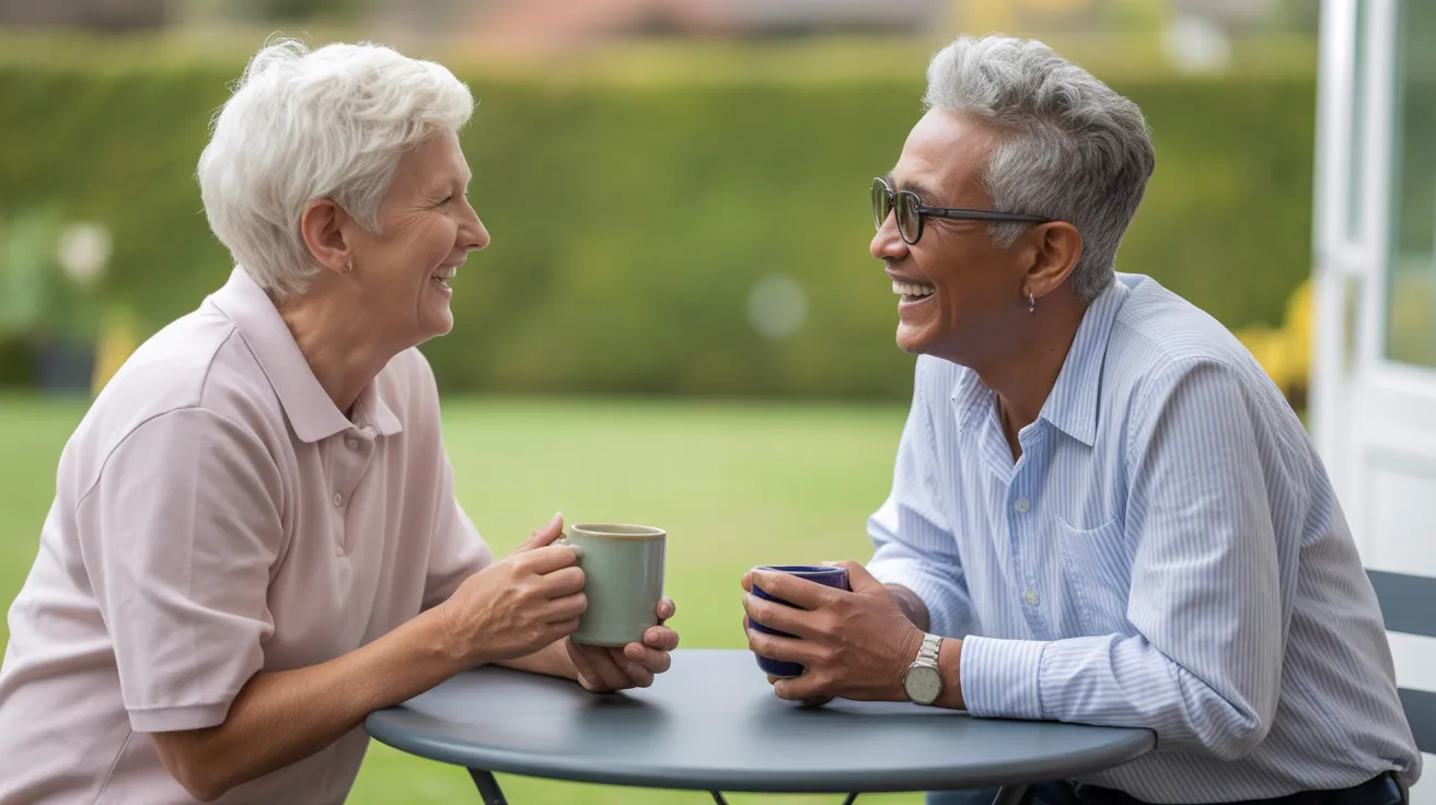 Two seniors laugh together while enjoying coffee on a covered patio on a cloudy day, as seen in a medium shot.