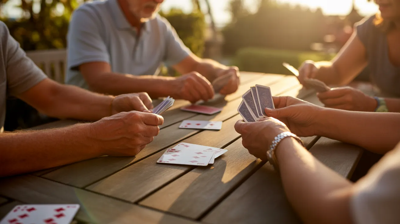 A close-up of a card game in progress, with several seniors' hands holding cards, all bathed in the warm glow of the setting sun.