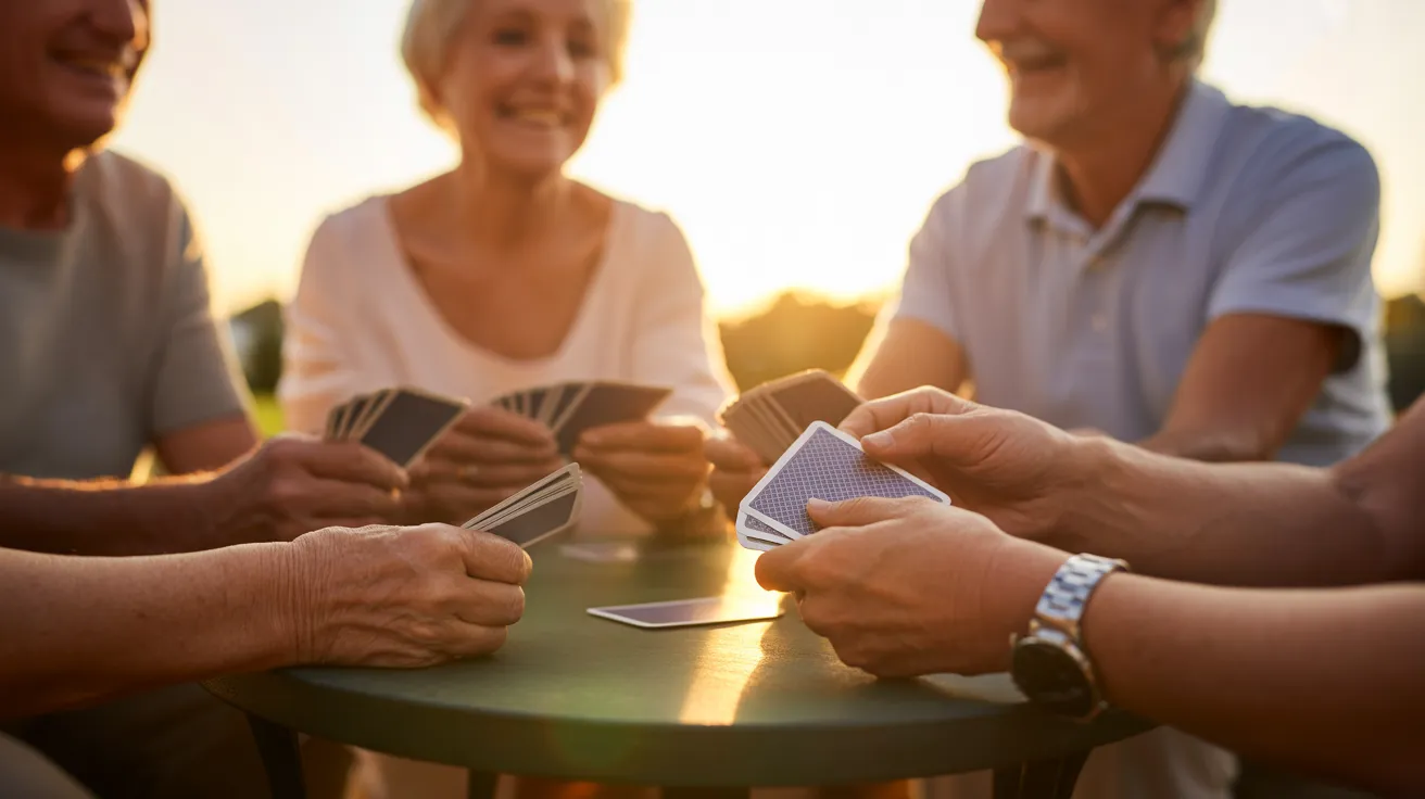 A close-up shot of older friends' hands playing cards on a patio table during a warm, golden sunset, emphasizing connection.
