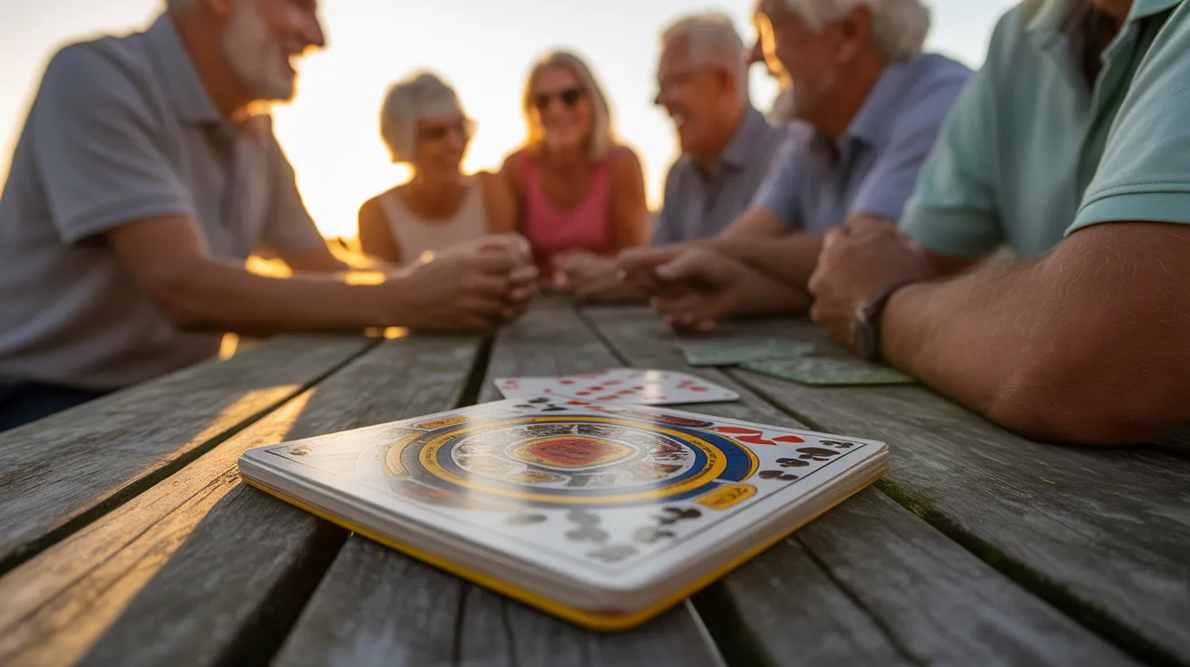 A close-up of a card game on a patio table at sunset, with a group of smiling older friends blurred in the background.