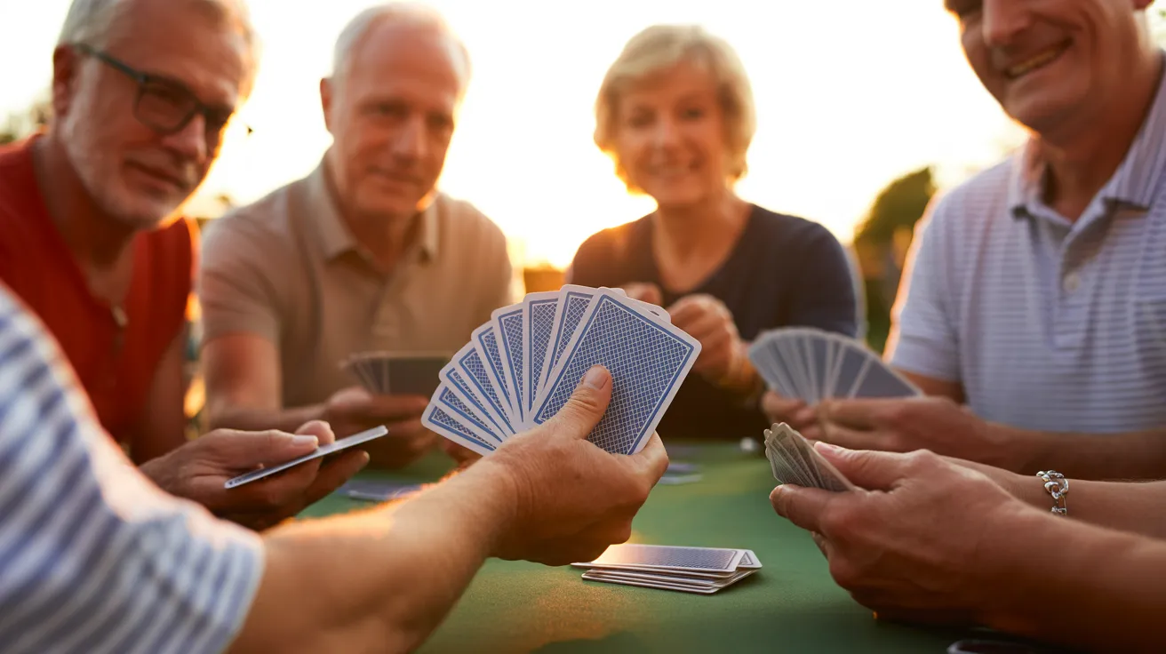 A close-up of seniors' hands holding playing cards during a social game on an outdoor patio at sunset.