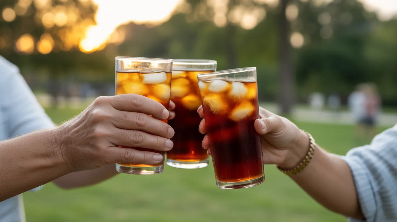 A close-up of three hands holding glasses of iced tea, toasting together in a park during a golden hour sunset.