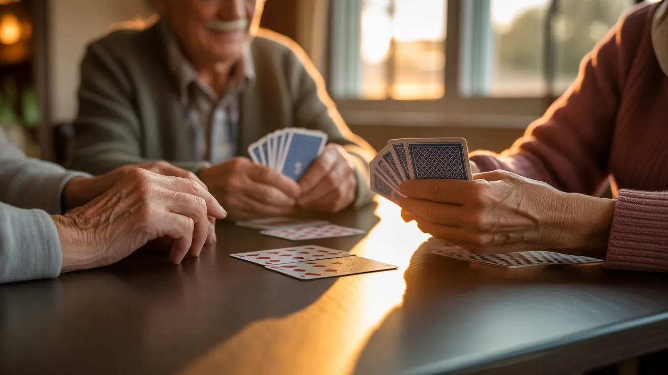 A close-up of three seniors' hands playing a card game with large-print cards on a table during a warm sunset.