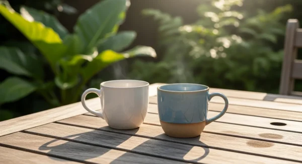 Two coffee mugs sit on a wooden table on an outdoor patio, with a softly blurred garden in the background.