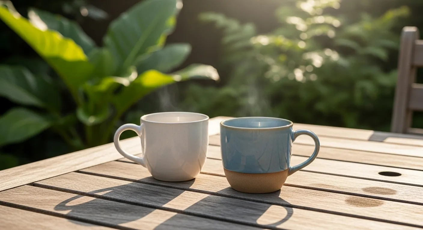 Two coffee mugs sit on a wooden table on an outdoor patio, with a softly blurred garden in the background.