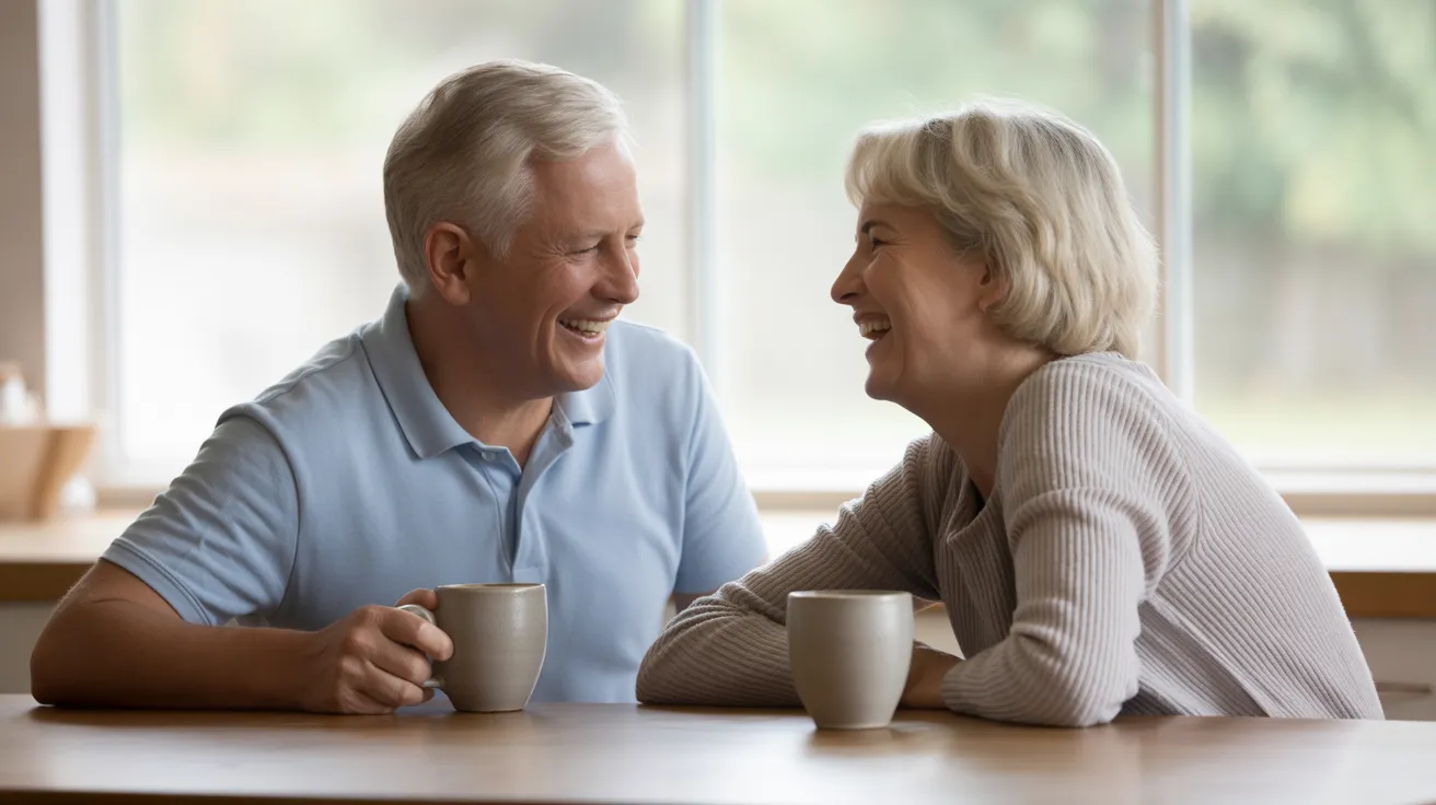 A senior man and woman laughing together while having coffee at a kitchen table, illuminated by soft window light.