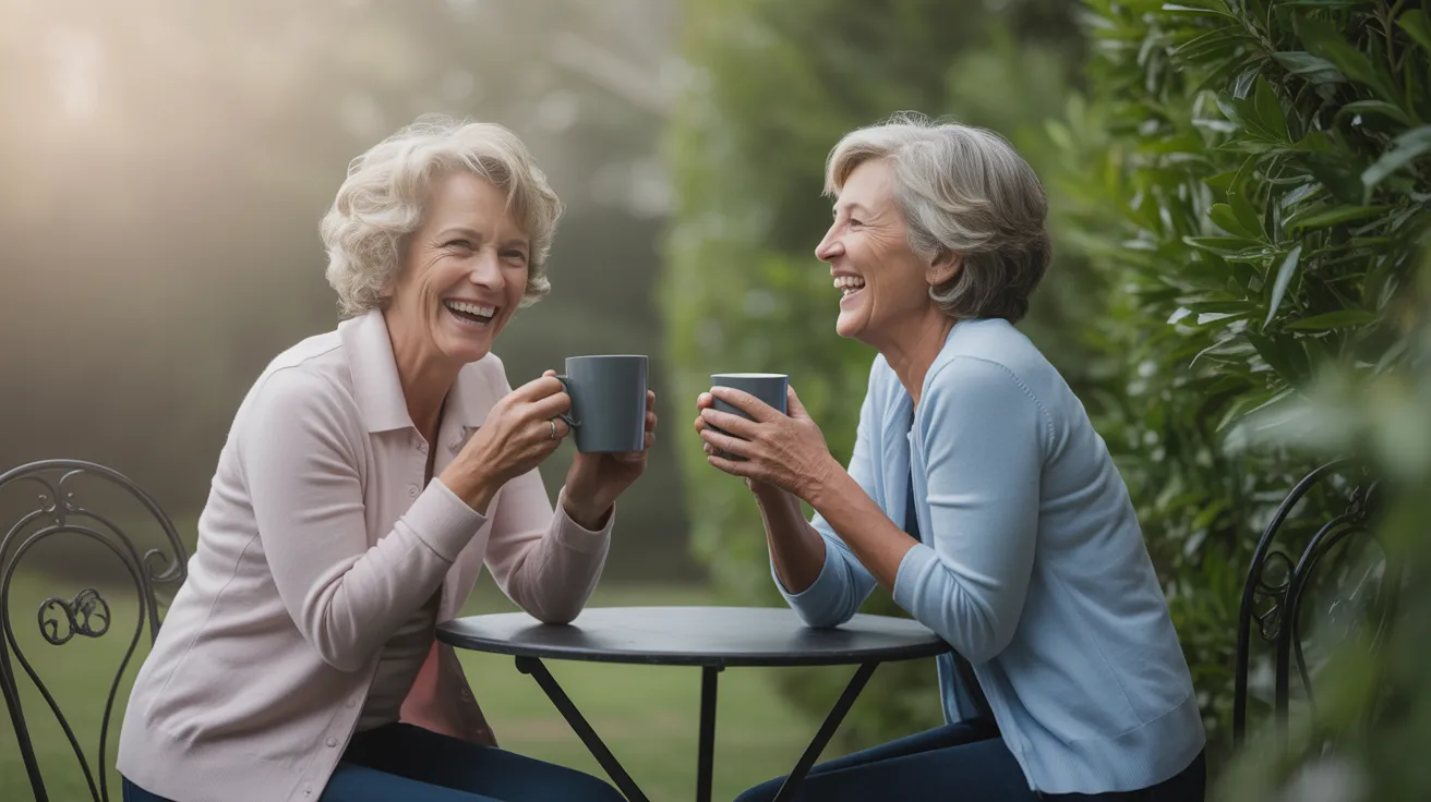 Two senior women smile and laugh together while sitting at an outdoor patio table with coffee, on a softly lit overcast day.