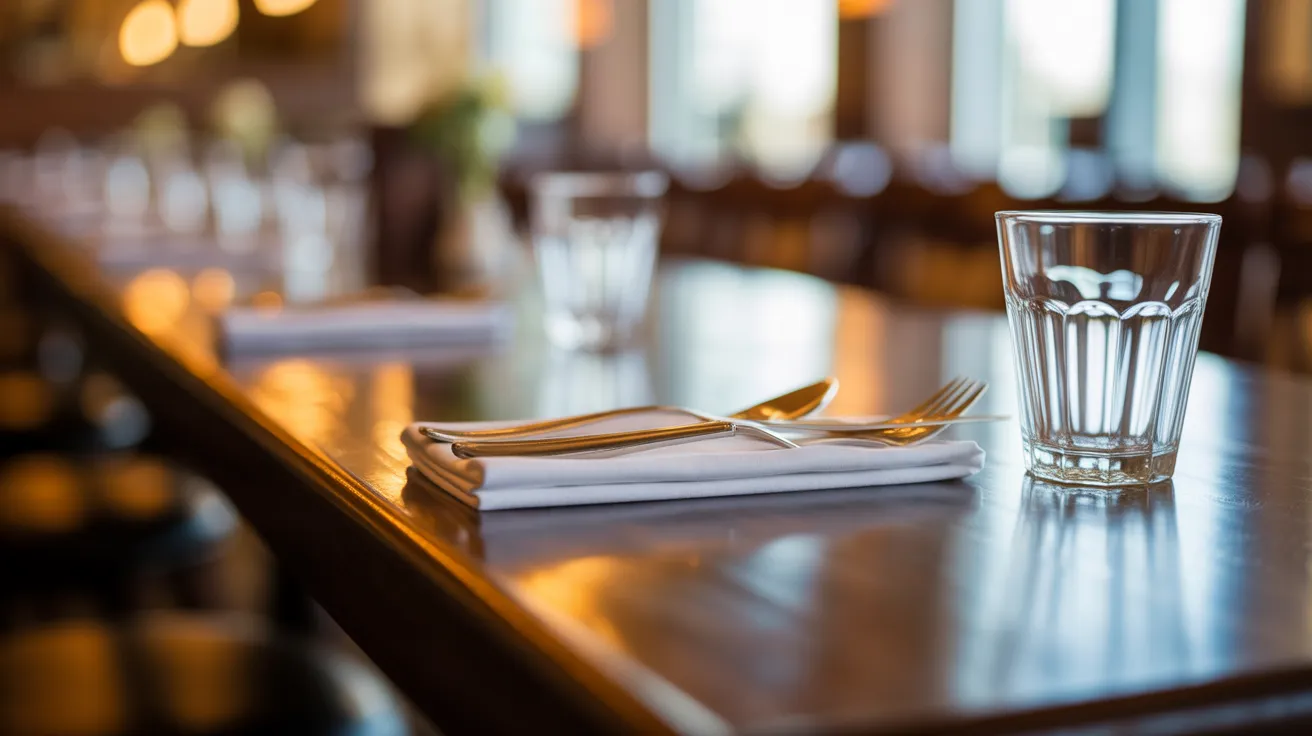 A single, neat place setting for one person at a smooth wooden restaurant bar, waiting to be occupied.