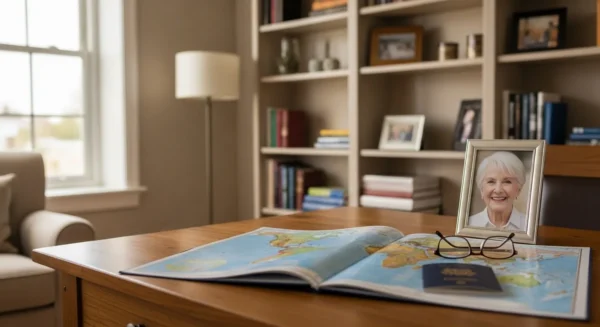 A home study desk with a passport and map prepared for trip planning. A framed photo of a smiling senior woman rests on a shelf in the background.