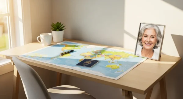 A home office desk with a world map and passport laid out for travel planning, next to a framed portrait of a smiling senior woman.