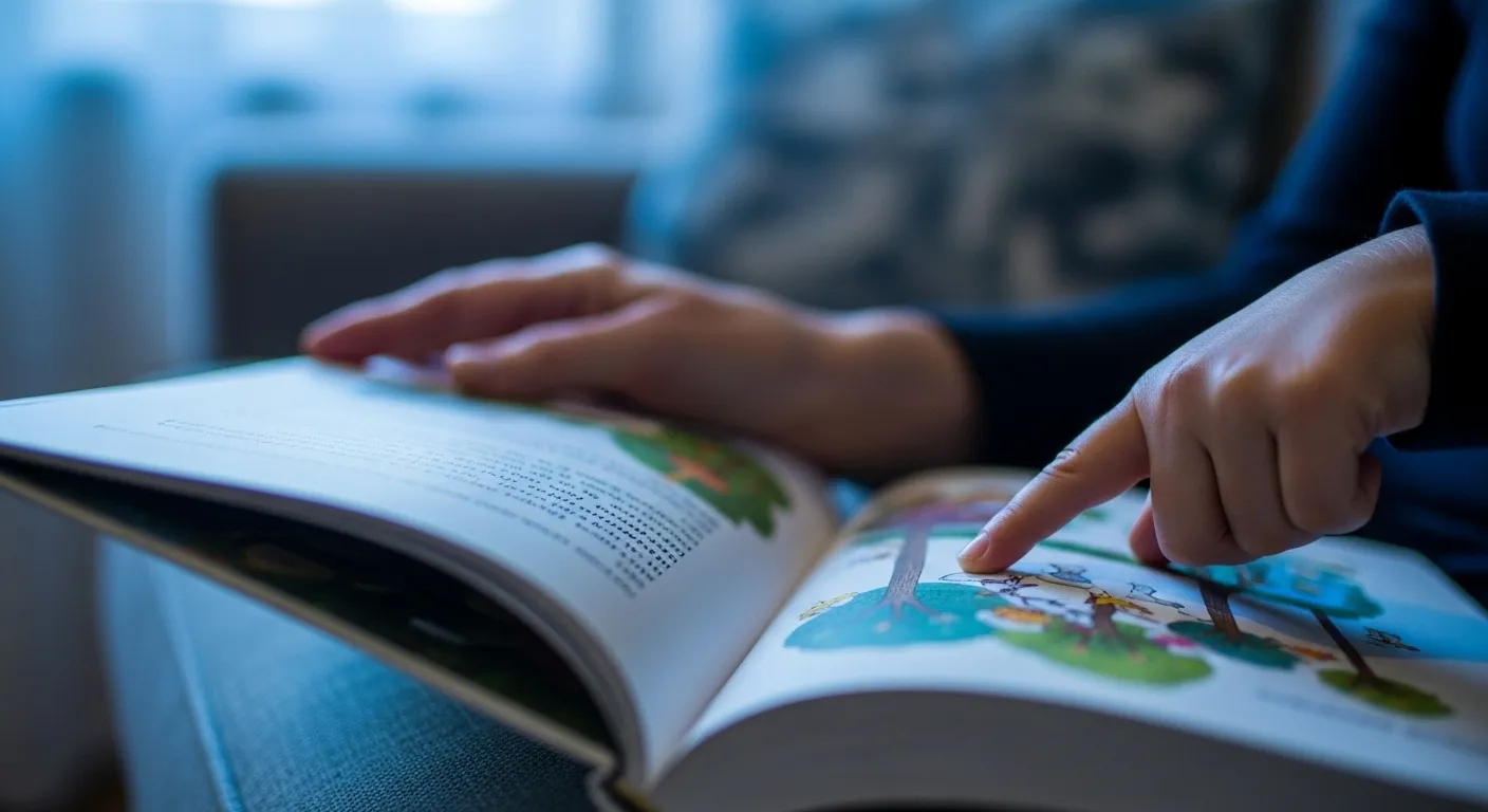 A macro close-up of a child's hand and a grandparent's hand on an open storybook during a quiet evening.