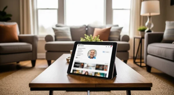 A tablet on a coffee table in a sunlit living room shows a streaming profile with a photo of a smiling senior.