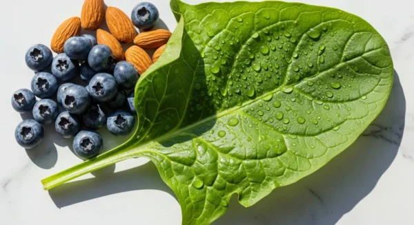A detailed overhead view of a fresh spinach leaf, blueberries, and almonds on a white marble counter, symbolizing nutrient-rich foods.