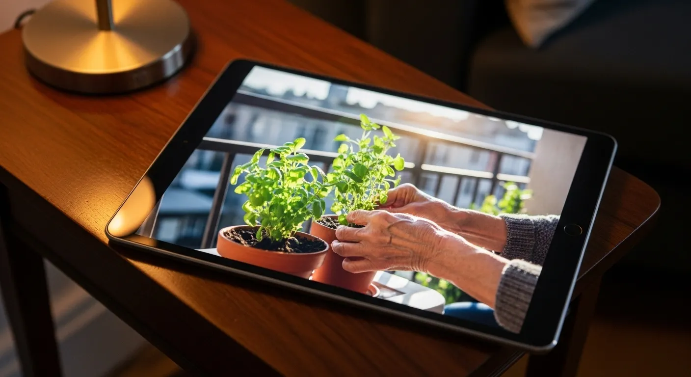 A close-up of a tablet screen showing a photo of a senior's hands gardening. The tablet rests on a table in a dimly lit room.