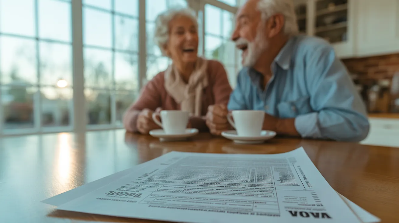 A generic financial form is in focus on a sunlit table. In the soft background, an older couple laughs together while having coffee.